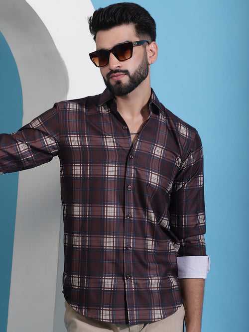 Coffee Brown Checked Cotton Casual Shirt for Men
