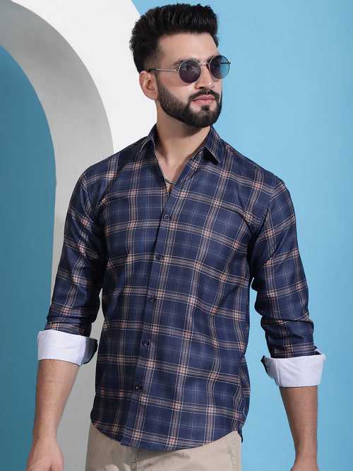 Navy Blue Checked Cotton Casual Shirt for Men