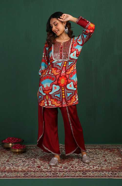 MASAKALI - Printed Maroon Kurta With Wrap Pant