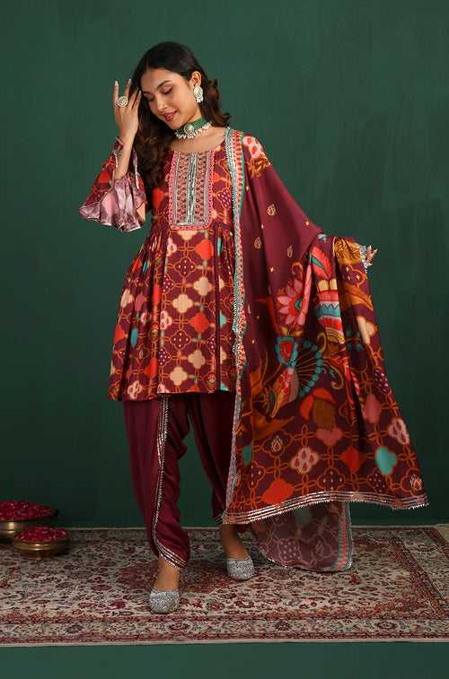 GEET-Royal Maroon Three Piece Suit Set With Printed Dupatta