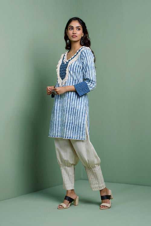 MASTANEY - Cotton Indigo Short Kurta With Pleated Pant