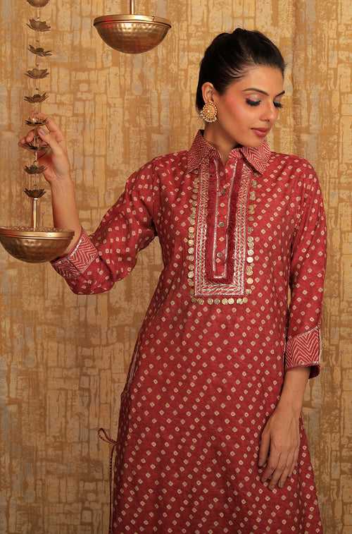 DESI SWAG - Rust Bandhani Printed Pathani Set