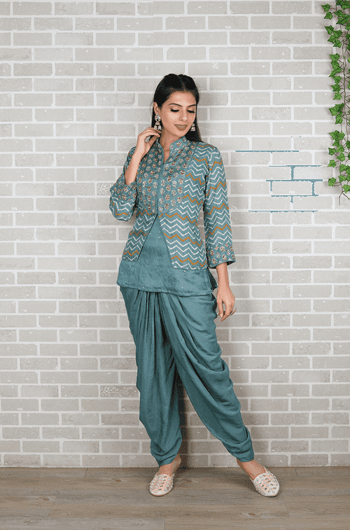 METTLE- Turkish Blue Koti Jacket Three Piece Set