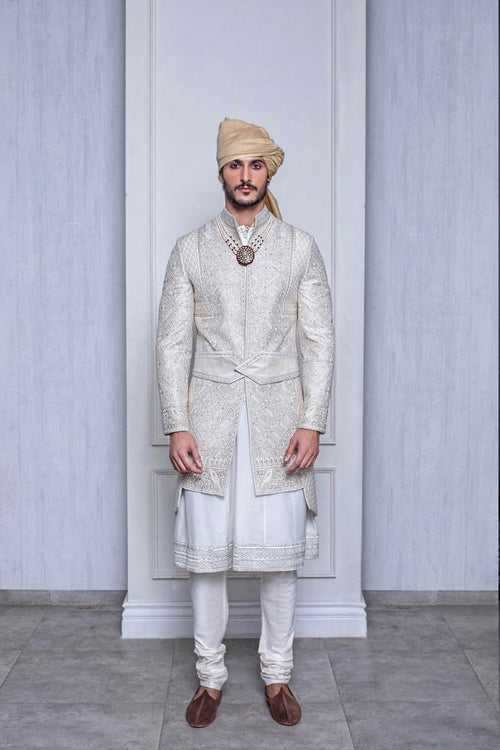 CHAMPAGNE RAW SILK A-LINE SHERWANI