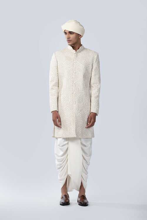 IVORY GEOMETRIC BRICK EMBROIDERED SHERWANI