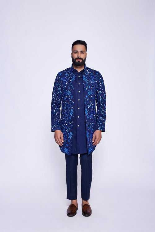 NAVY BLUE HAND EMBROIDERED OPEN BUNDI SET