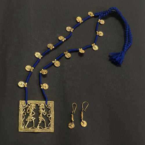 Dokra Blue Tribal Figurine Neckpiece with Earrings