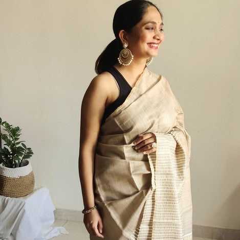 Natural Beige Tussar Silk Saree with Striped Pallu