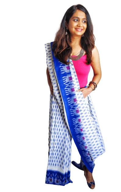 White and Blue Ikat Cotton Saree