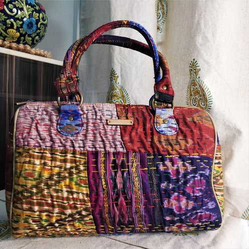 Purple Golden Kantha Patola Silk Duffle Bag