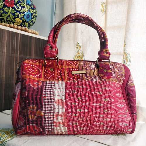 Red White Kantha Patola Silk Duffle Bag