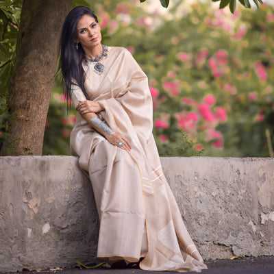 Natural Beige Tussar Silk Saree with Square Woven Pallu