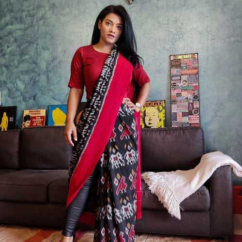 Red and Black Hathi Motif Ikat Cotton Saree