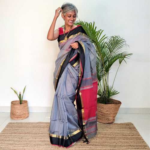 Grey and Red Maheshwari Silk Cotton Saree