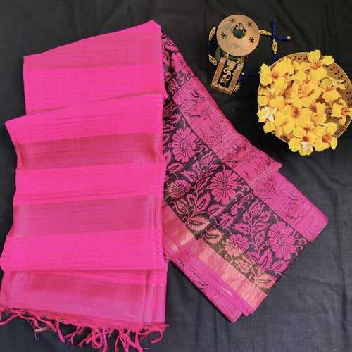 Pink Black Tussar Silk Saree