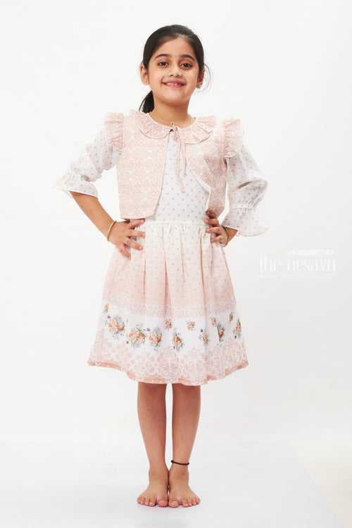 Beige Floral Lace Fancy Cotton Frock with Sheer Jacket for Girls