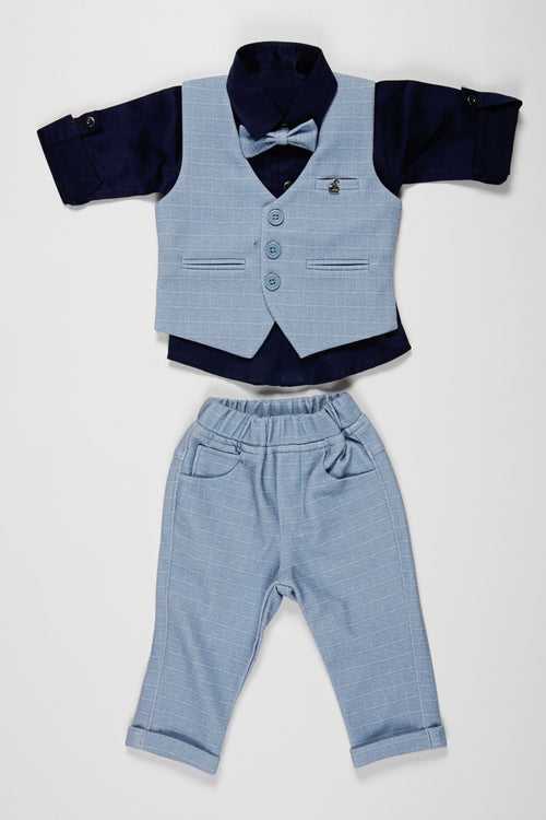 Boys Dapper Light Grey Suit Set with Navy Accents and Bow Tie