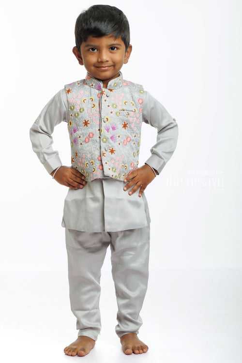 Boys Embroidered Floral Jacket with Kurta, Pant, and Dhoti Set
