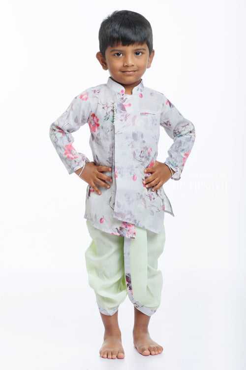 Boys Floral Jacket with Traditional Silk Dhoti Kurta Set