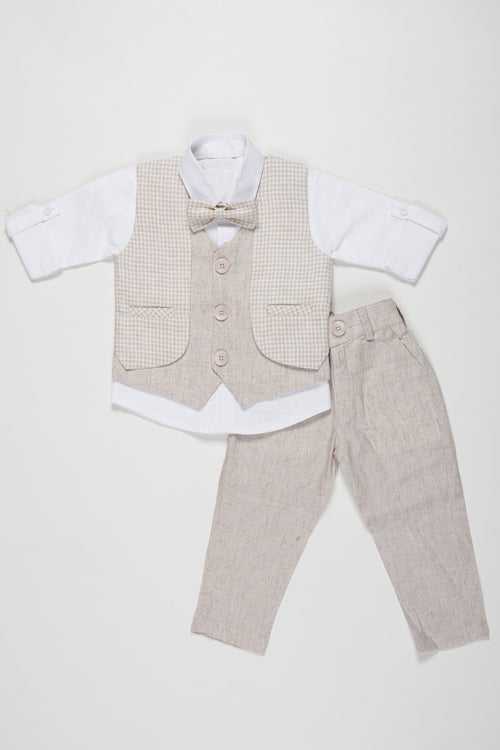 Boys Modern Linen Vest Suit Set with Matching Trousers and Bow Tie