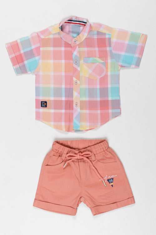 Boys Pastel Plaid Shirt and Coral Shorts Set