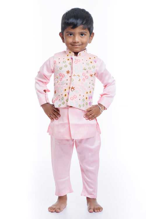Boys Pink Embroidered Jacket with Kurta and Dhoti Pant Set
