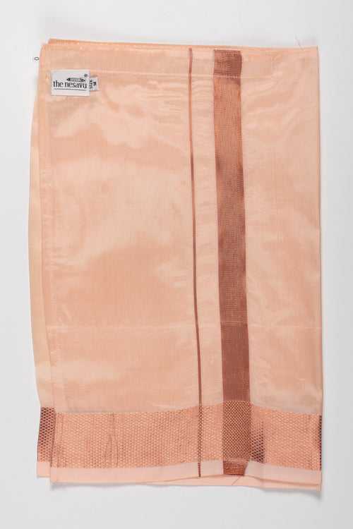 Boys Readymade Silk Dhoti in Beige with Copper Stripes for Special Occasions