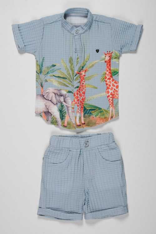 Boys Safari-Inspired Printed Shirt and Striped Shorts Set