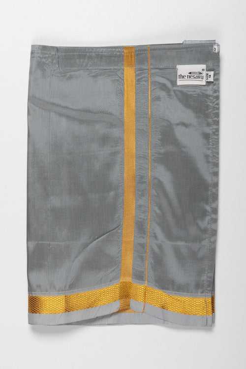 Boys Traditional Grey Silk Dhoti with Golden Accents