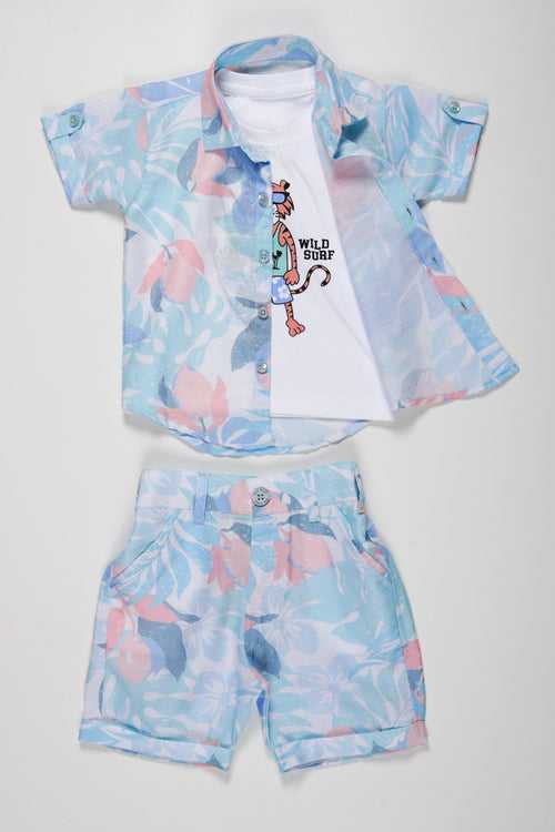 Boys Tropical Summer Combo: Tee, Printed Shirt & Shorts Set
