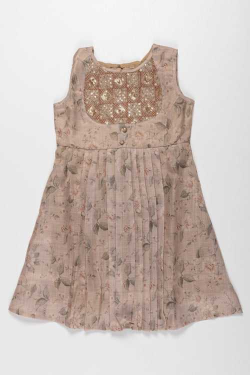 Chic Beige Floral Cotton Frock for Girls