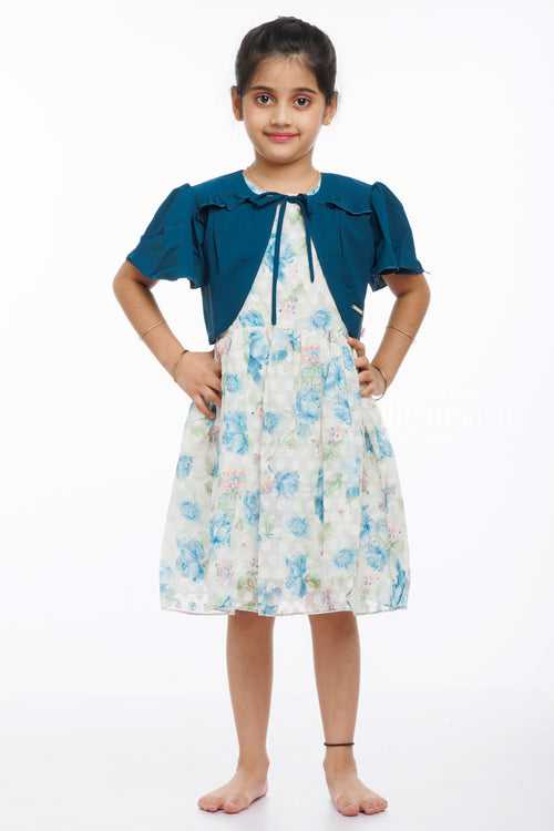 Chic Blue Floral Cotton Dress with Stylish Jacket for Girls