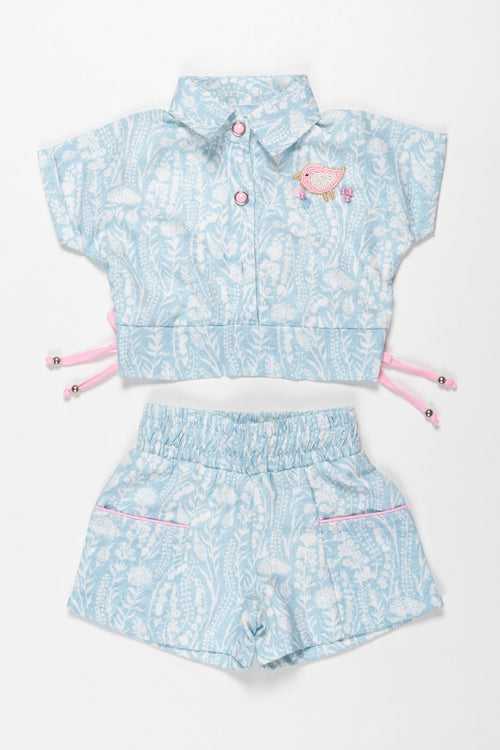 Chic Blue Leaf Print Baby Girls Shirt and Shorts Set