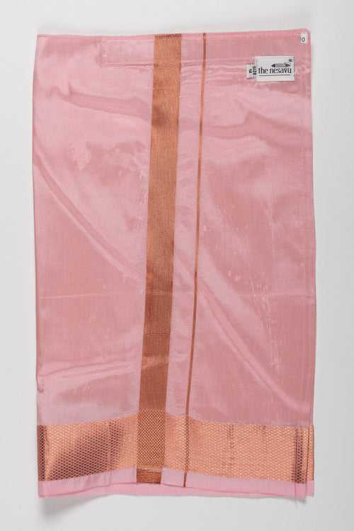 Elegant Peach Silk Blend Boys Dhoti with Copper Geometric Borders