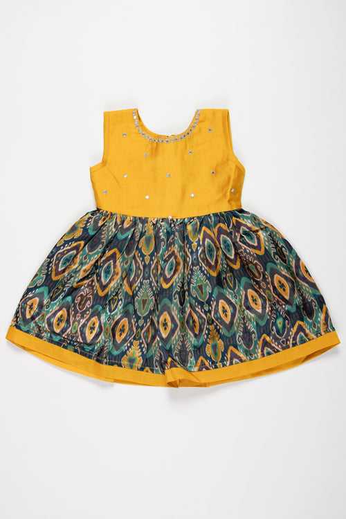 Elegant Yellow and Teal Chanderi Cotton Frock for Girls
