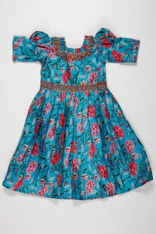 Exquisite Teal Floral Anarkali Gown for Young Princesses