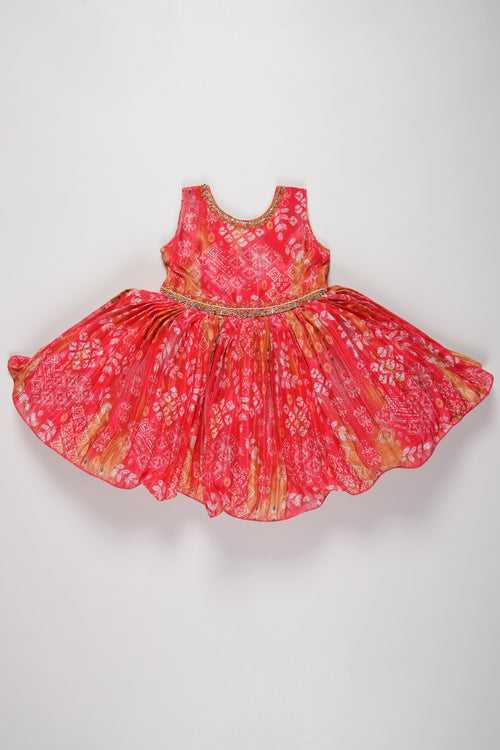 Girls Designer Silk Frock in Festive Red with Traditional Prints