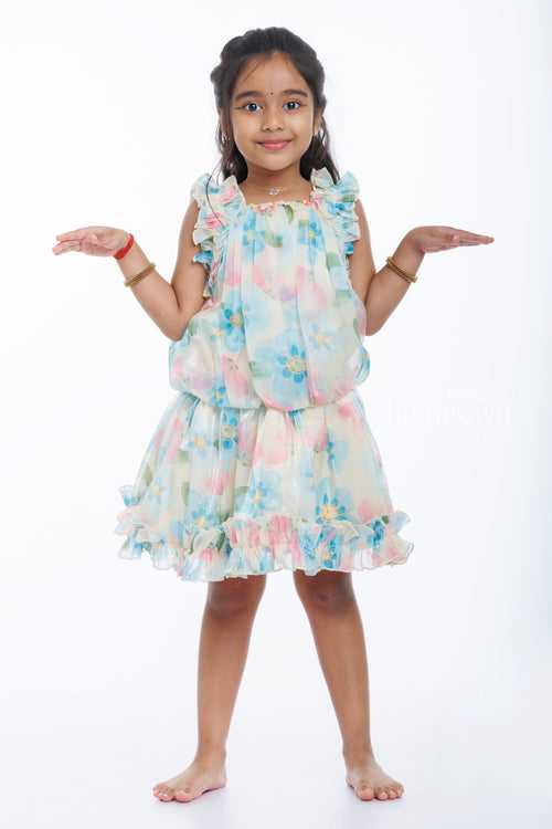 Girls Floral Ruffle Top and Skirt Set in Pastel Tones