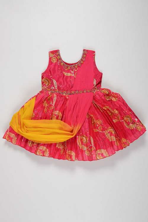 Girls Vibrant Pink and Yellow Silk Frock with Floral Embroidery