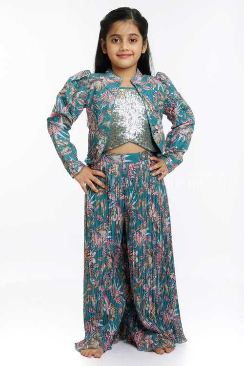 Glittering Soiree: Sequin Embroidered Crop Top with Jacket and Palazzo Ensemble