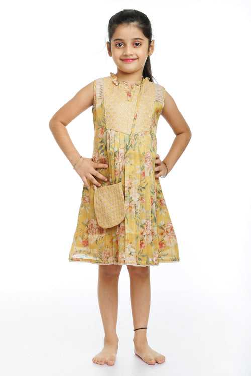 Golden Blossom: Girl's Playful Printed Cotton Frock