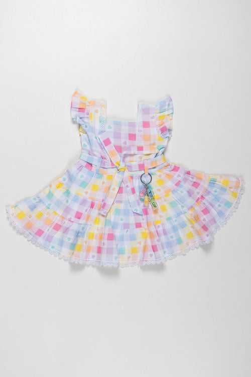 Pastel Rainbow Checkered Cotton Frock with Hearts for Girls