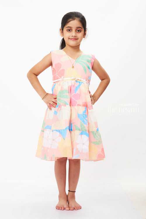 Pastel Watercolor Floral Girls Dress with Cinched Waist - Perfect for Sunny Days