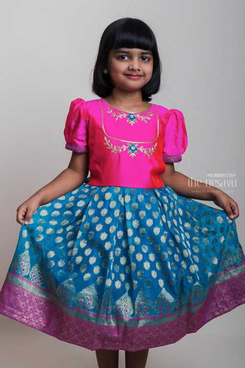 Pink Yoke With Embroidery Design And Zari Border Blue Semi-Silk Frocks For Girls