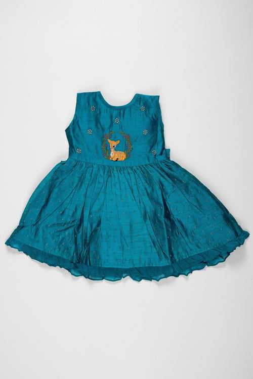 Teal Chanderi Cotton Frock with Embroidered Fawn for Young Girls
