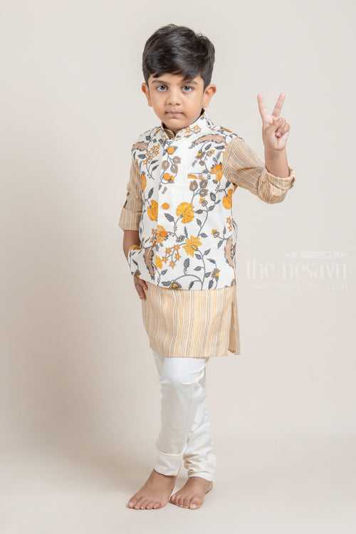 Yellow All Over Stripes Printed Boys Kurta with Floral Printed Overcoat and White Pant