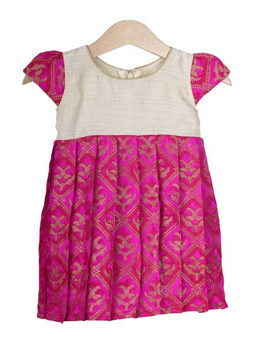 Deep Pink Semi Silk Cotton Party Gown For Baby Girls