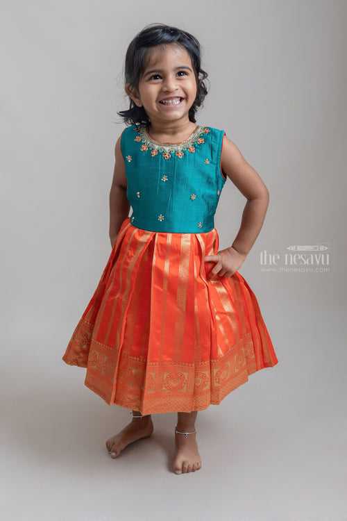 Gorgeous Sequin Embroidered Sleeveless Green Yoke And Zari Border Silk Frock For Girls