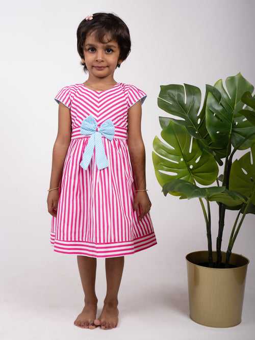 Pink Striped Designer Cotton Gown With Blue Bow Trim For Baby Girls