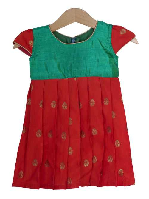 Red Putta Designer Semi-Kanchi Pattu Dresses For Baby Girls